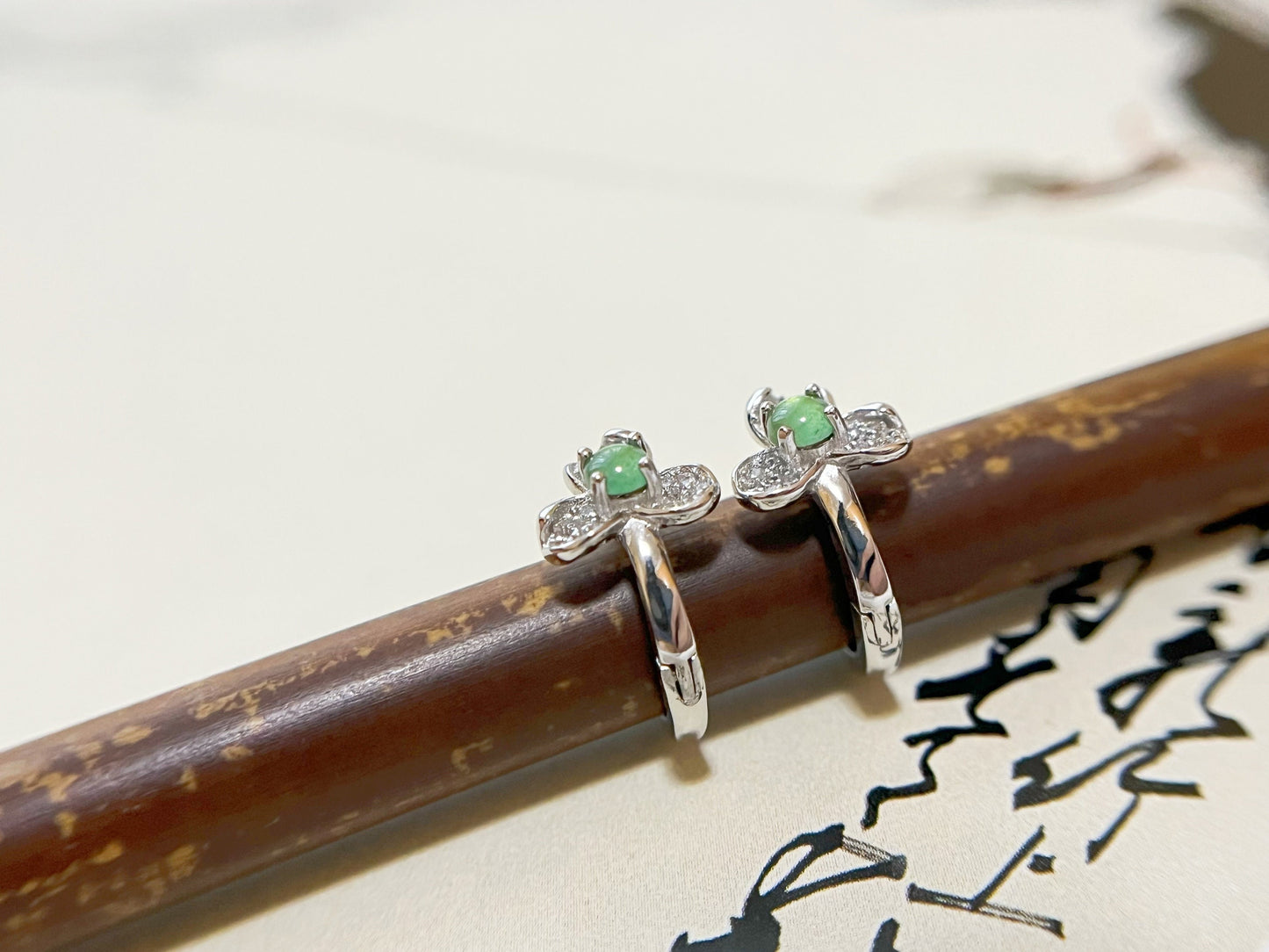 Natural Myanmar Icy Green Jade Cabochons Huggie Hoop Floral Shaped Earrings, set in 925 Sterling Silver and Zircons