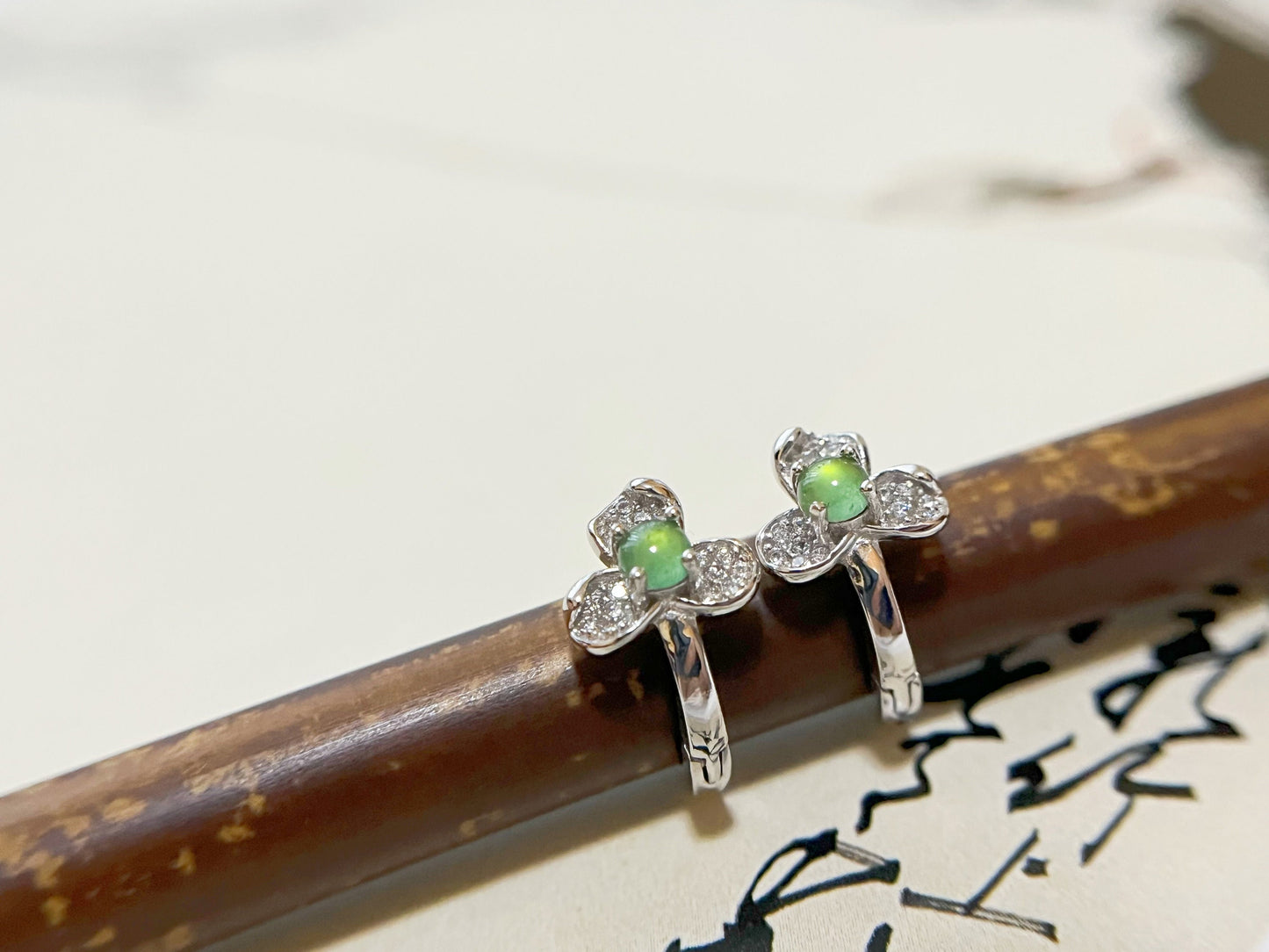 Natural Myanmar Icy Green Jade Cabochons Huggie Hoop Floral Shaped Earrings, set in 925 Sterling Silver and Zircons