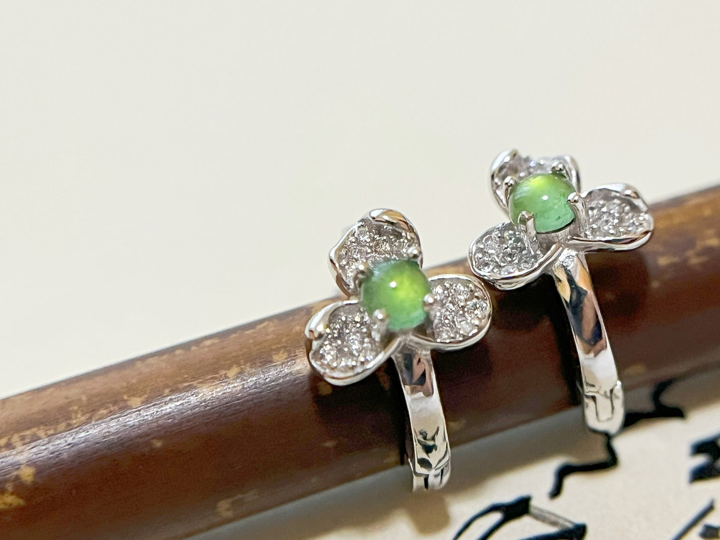 Natural Myanmar Icy Green Jade Cabochons Huggie Hoop Floral Shaped Earrings, set in 925 Sterling Silver and Zircons
