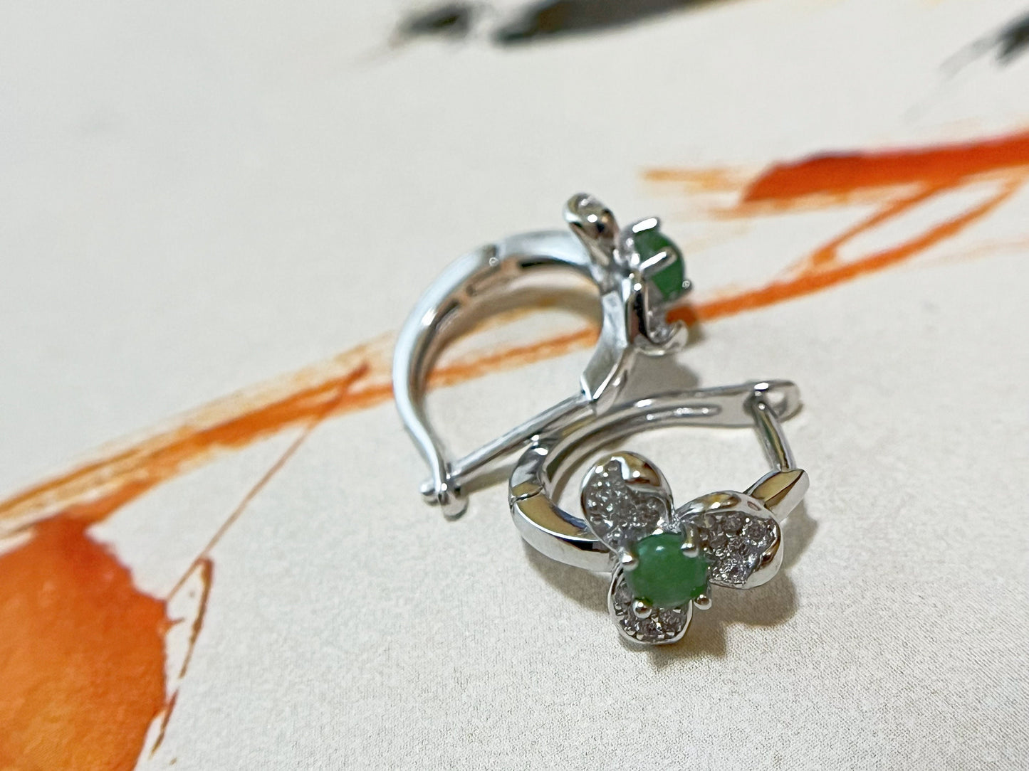 Natural Myanmar Icy Green Jade Cabochons Huggie Hoop Floral Shaped Earrings, set in 925 Sterling Silver and Zircons