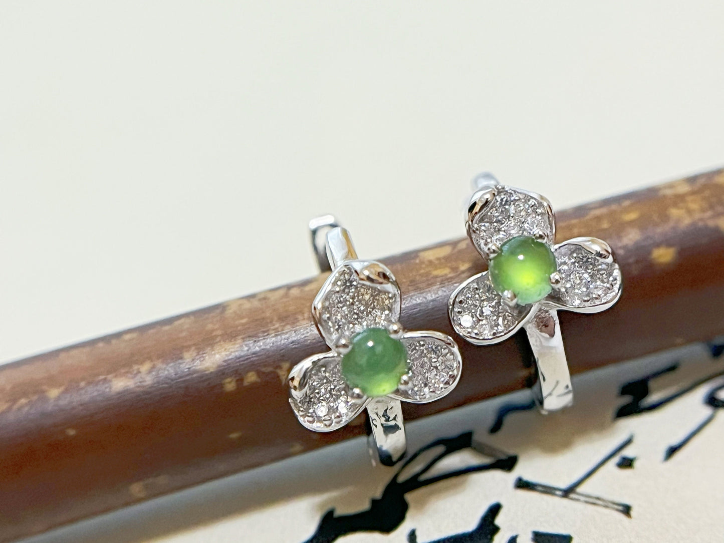 Natural Myanmar Icy Green Jade Cabochons Huggie Hoop Floral Shaped Earrings, set in 925 Sterling Silver and Zircons