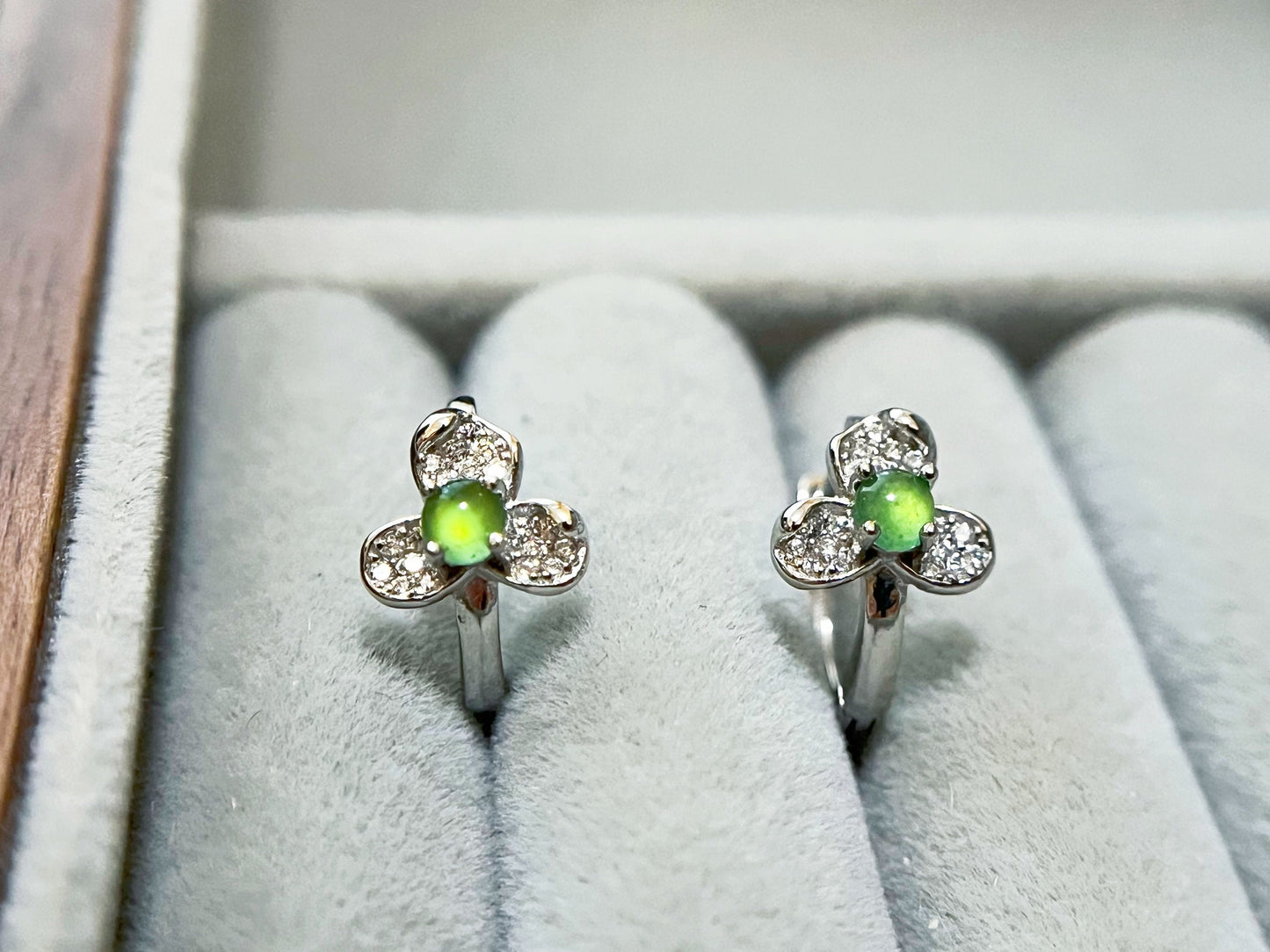 Natural Myanmar Icy Green Jade Cabochons Huggie Hoop Floral Shaped Earrings, set in 925 Sterling Silver and Zircons
