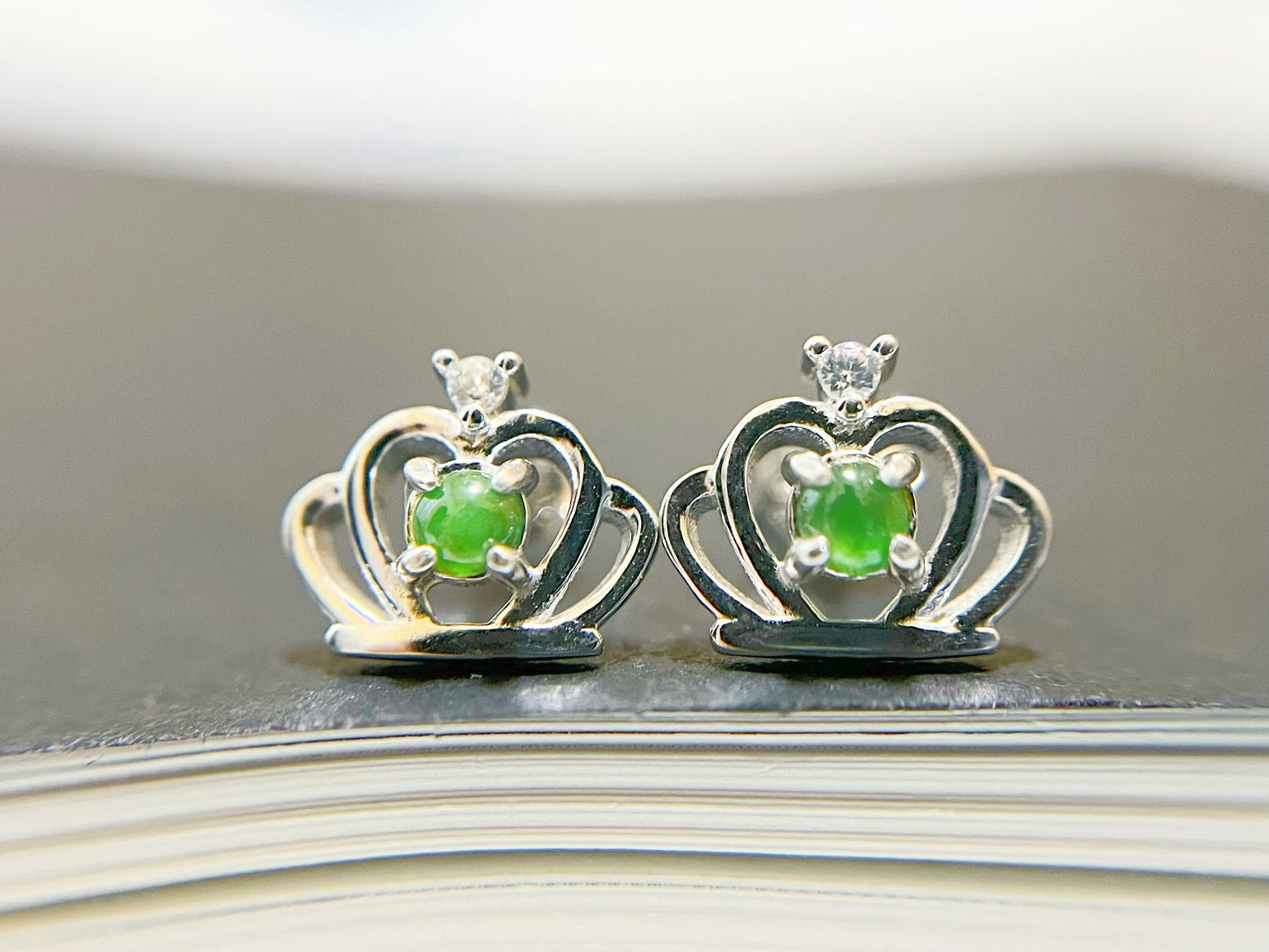Natural Myanmar Vivid Green Jade Ear Studs, Crown-Shaped Silver Ear Studs with Brilliant Zircons