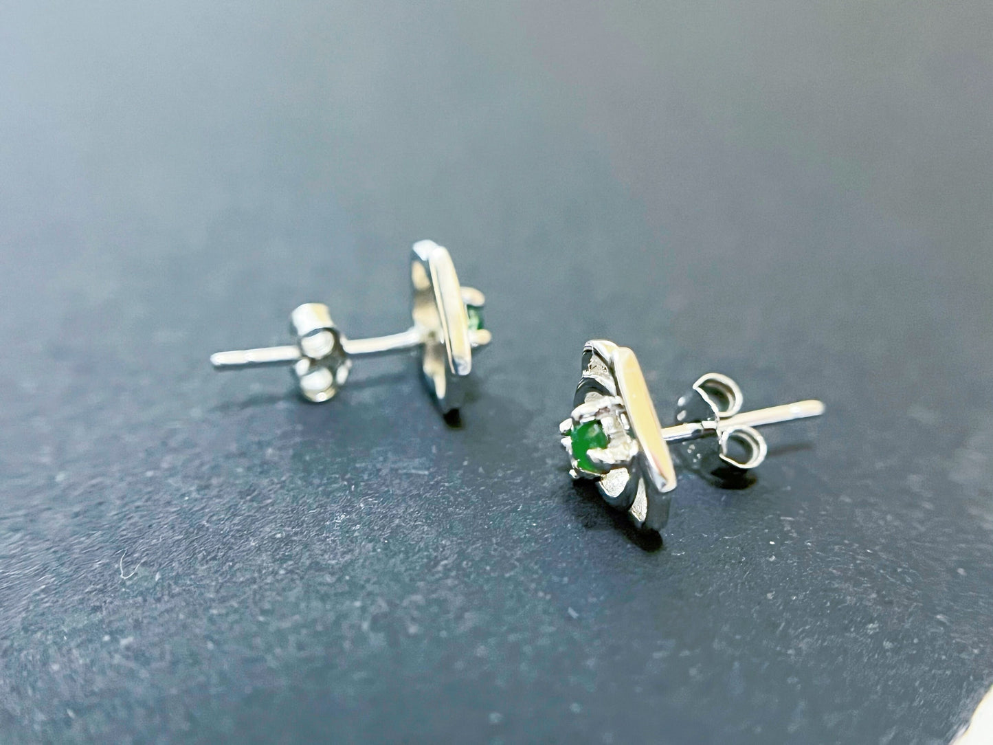 Natural Myanmar Vivid Green Jade Ear Studs, Crown-Shaped Silver Ear Studs with Brilliant Zircons