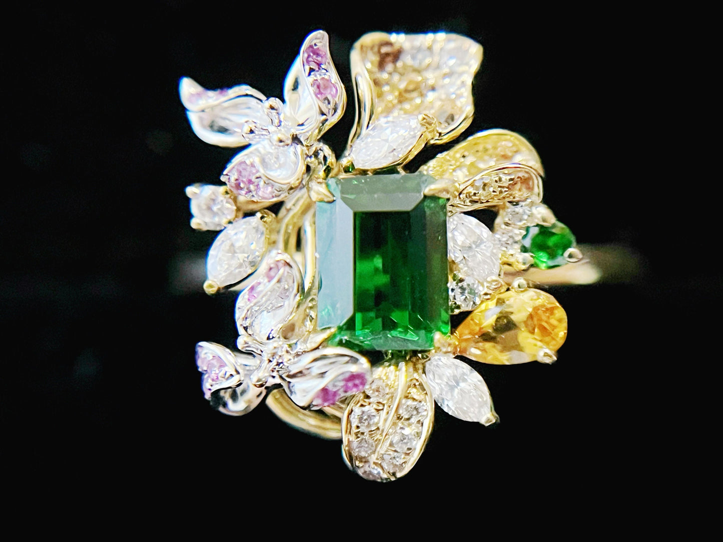 Vivid Green Tsavorite Flower Statement Ring with Diamonds Sapphires and Rubies