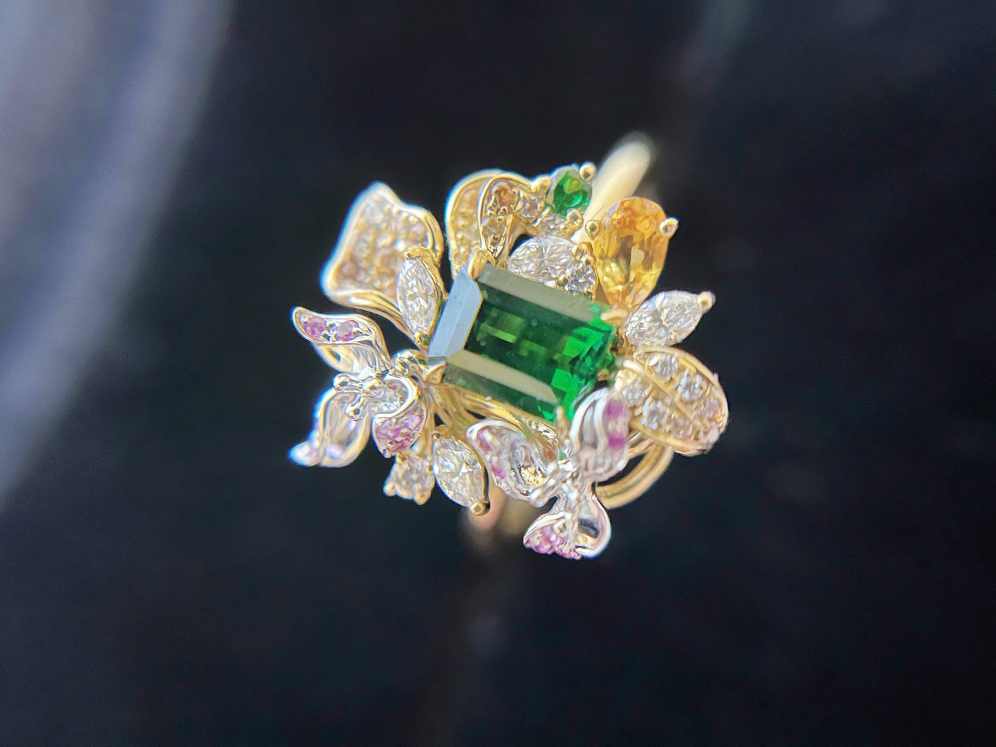 Vivid Green Tsavorite Flower Statement Ring with Diamonds Sapphires and Rubies