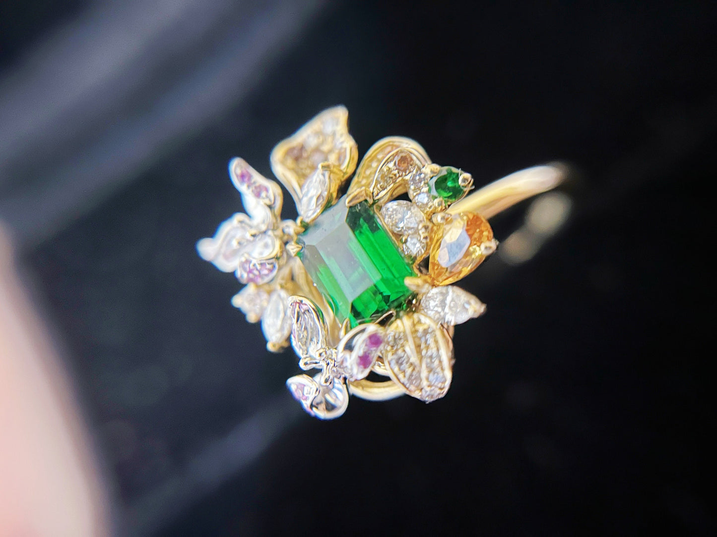 Vivid Green Tsavorite Flower Statement Ring with Diamonds Sapphires and Rubies