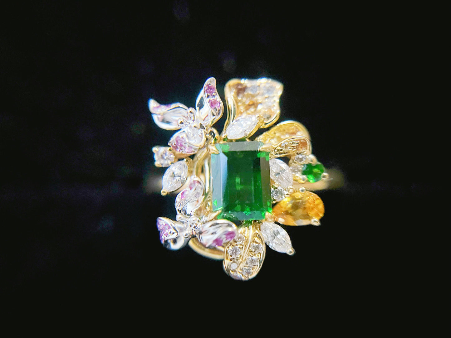Vivid Green Tsavorite Flower Statement Ring with Diamonds Sapphires and Rubies