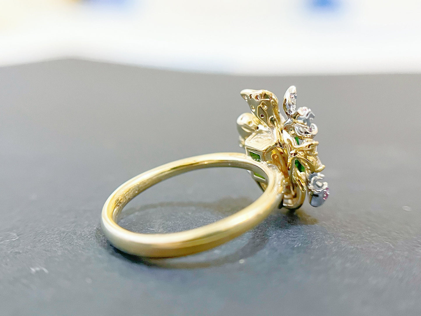 Vivid Green Tsavorite Flower Statement Ring with Diamonds Sapphires and Rubies