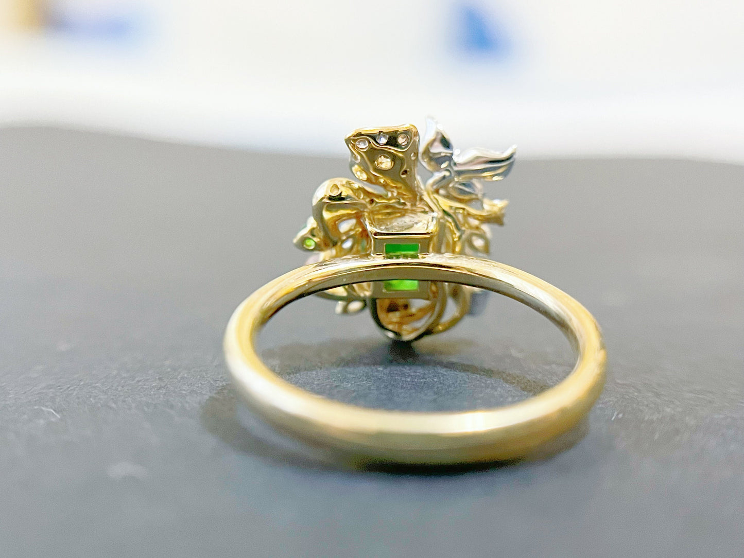 Vivid Green Tsavorite Flower Statement Ring with Diamonds Sapphires and Rubies
