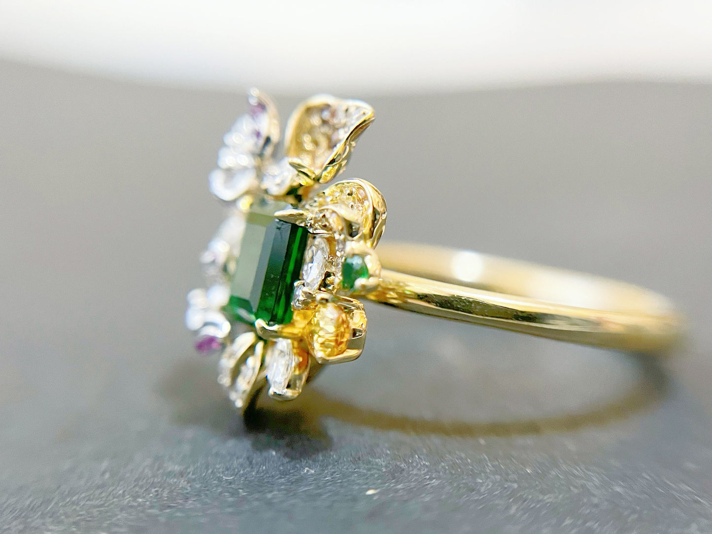Vivid Green Tsavorite Flower Statement Ring with Diamonds Sapphires and Rubies