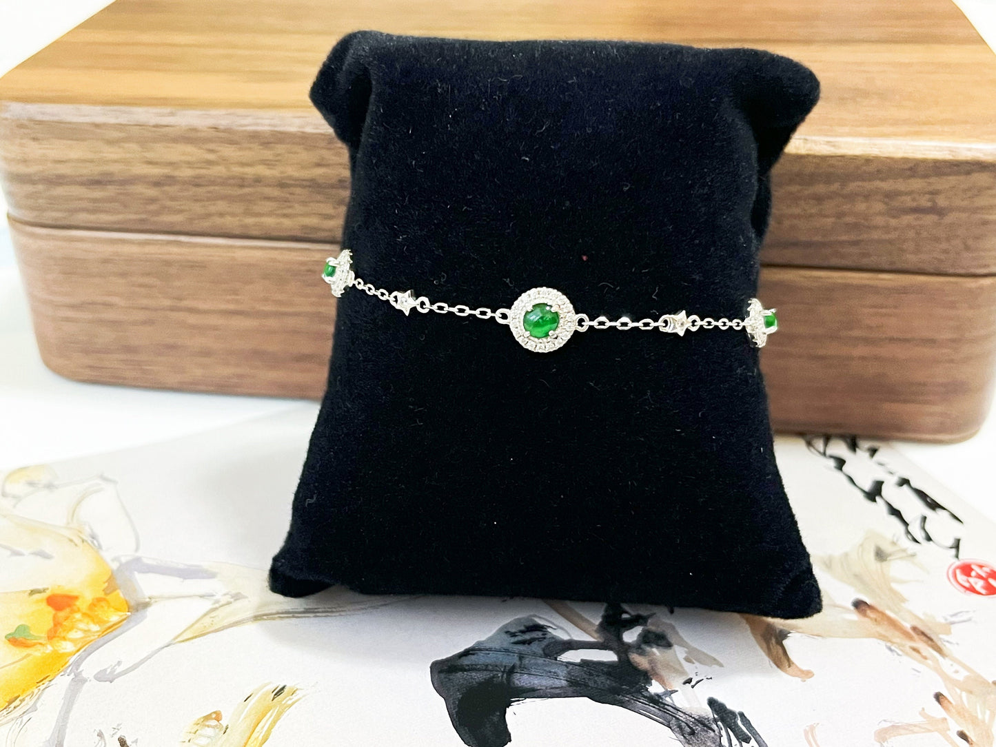 Imperial Green Jadeite Halo Silver Bracelet with Zircons