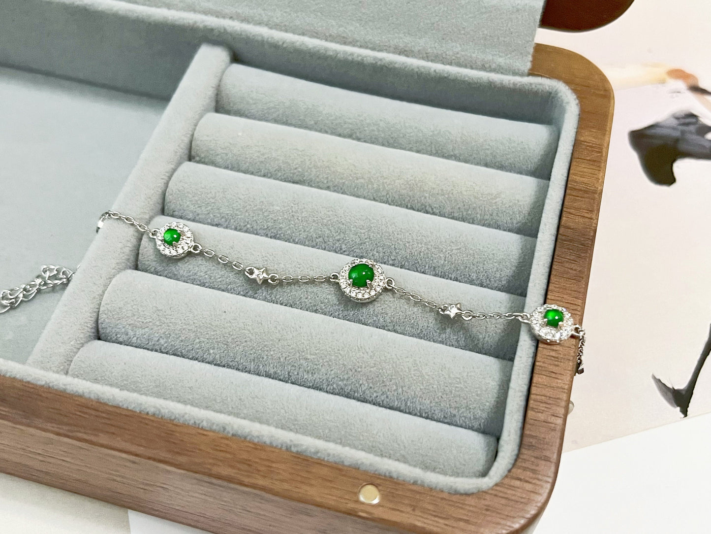 Imperial Green Jadeite Halo Silver Bracelet with Zircons