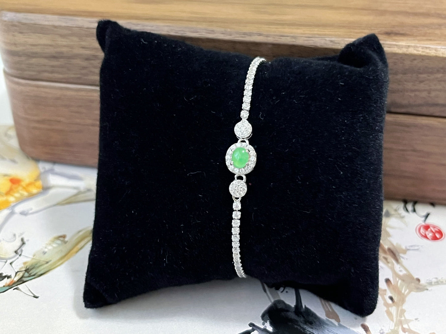 Icy Green Jadeite Bracelet - Sterling Silver with Zircon Accents