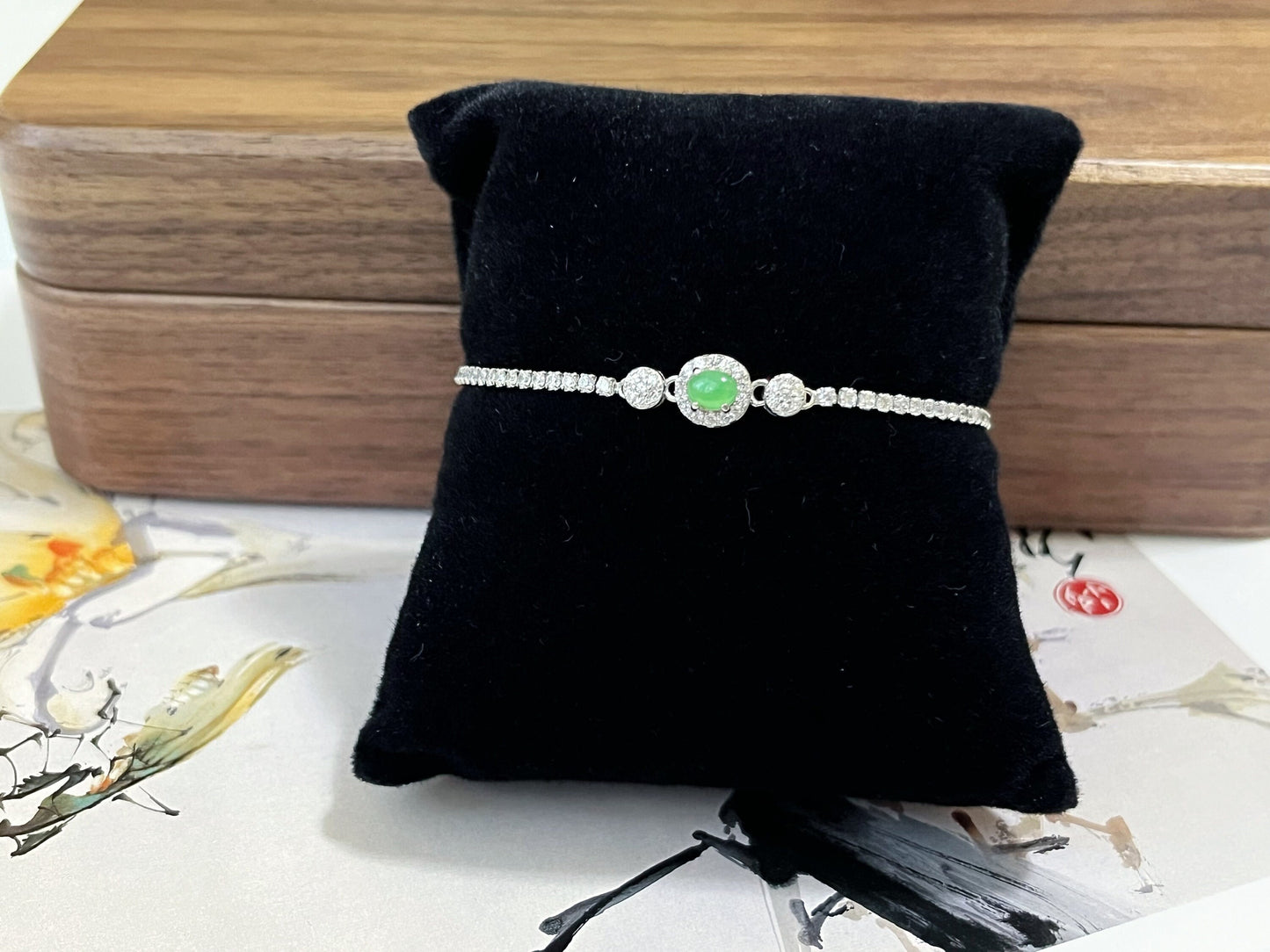 Icy Green Jadeite Bracelet - Sterling Silver with Zircon Accents