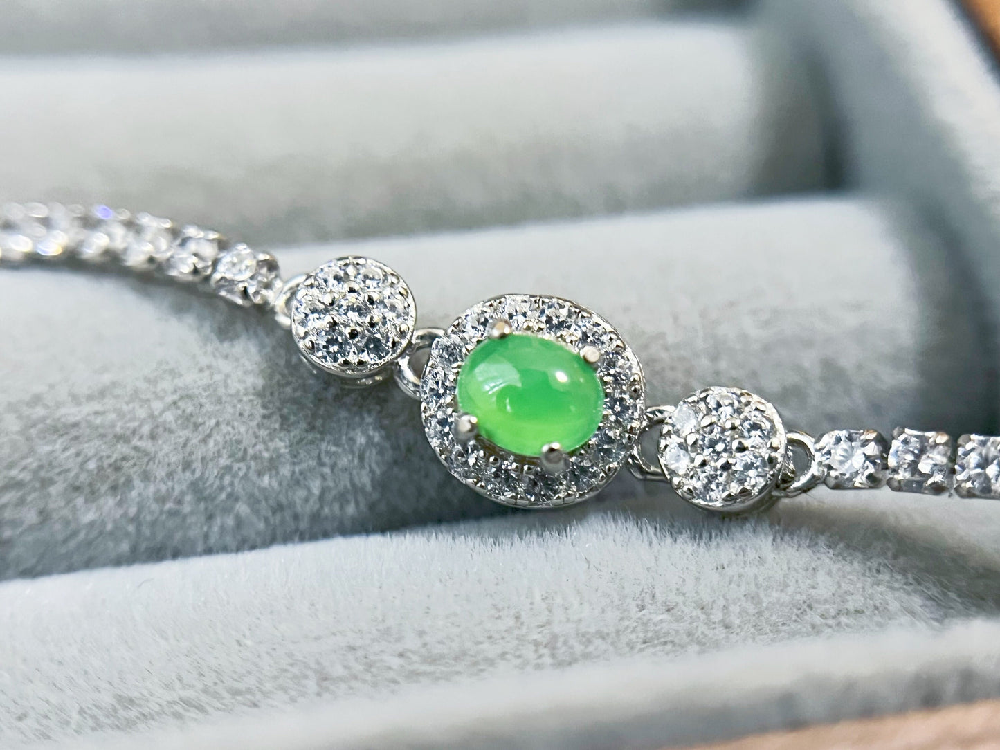 Icy Green Jadeite Bracelet - Sterling Silver with Zircon Accents