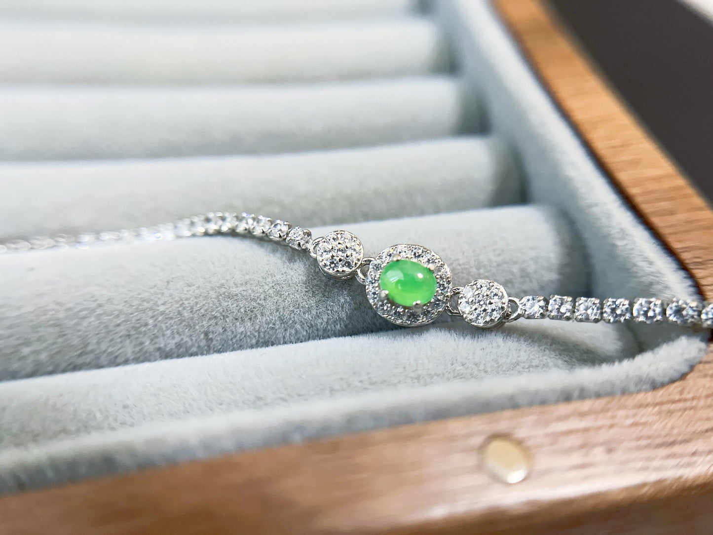 Icy Green Jadeite Bracelet - Sterling Silver with Zircon Accents