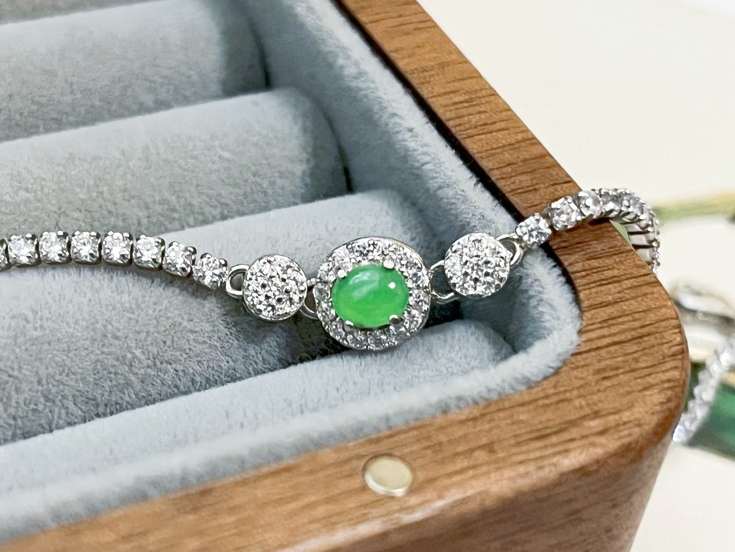 Icy Green Jadeite Bracelet - Sterling Silver with Zircon Accents