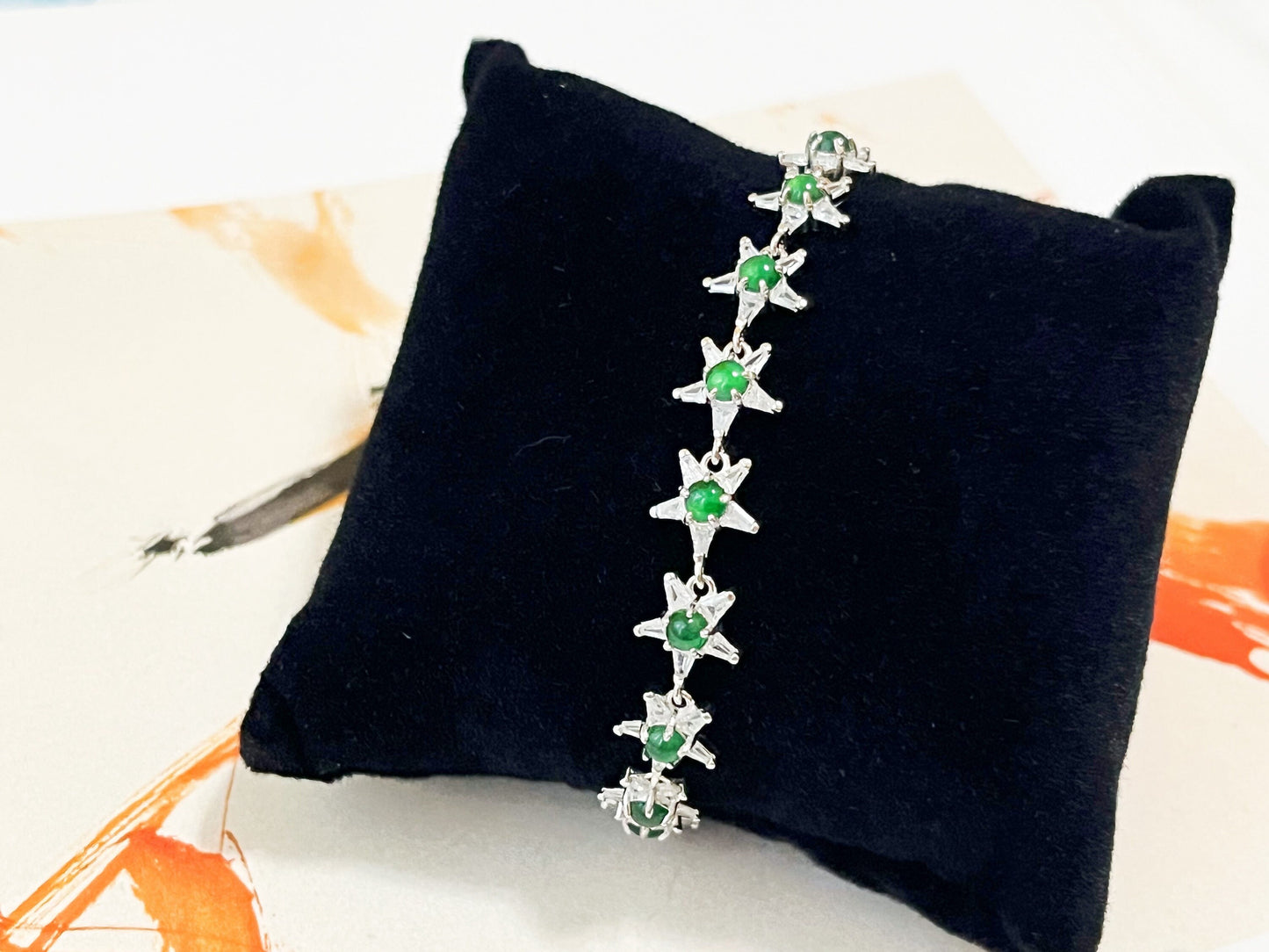 Imperial Green Jadeite Sterling Silver Bracelet with Zircons - Star Shape