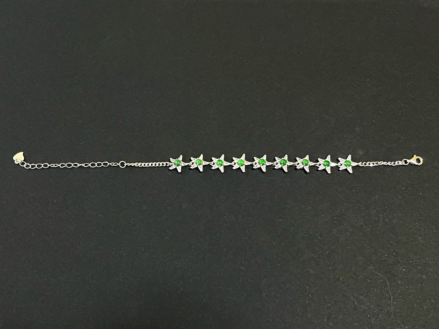 Imperial Green Jadeite Sterling Silver Bracelet with Zircons - Star Shape