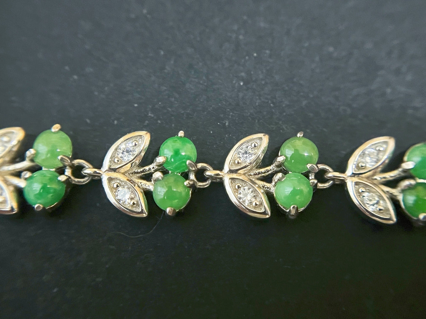 Green Jadeite Bracelet - Sterling Silver Zircon Accents Cherry Design