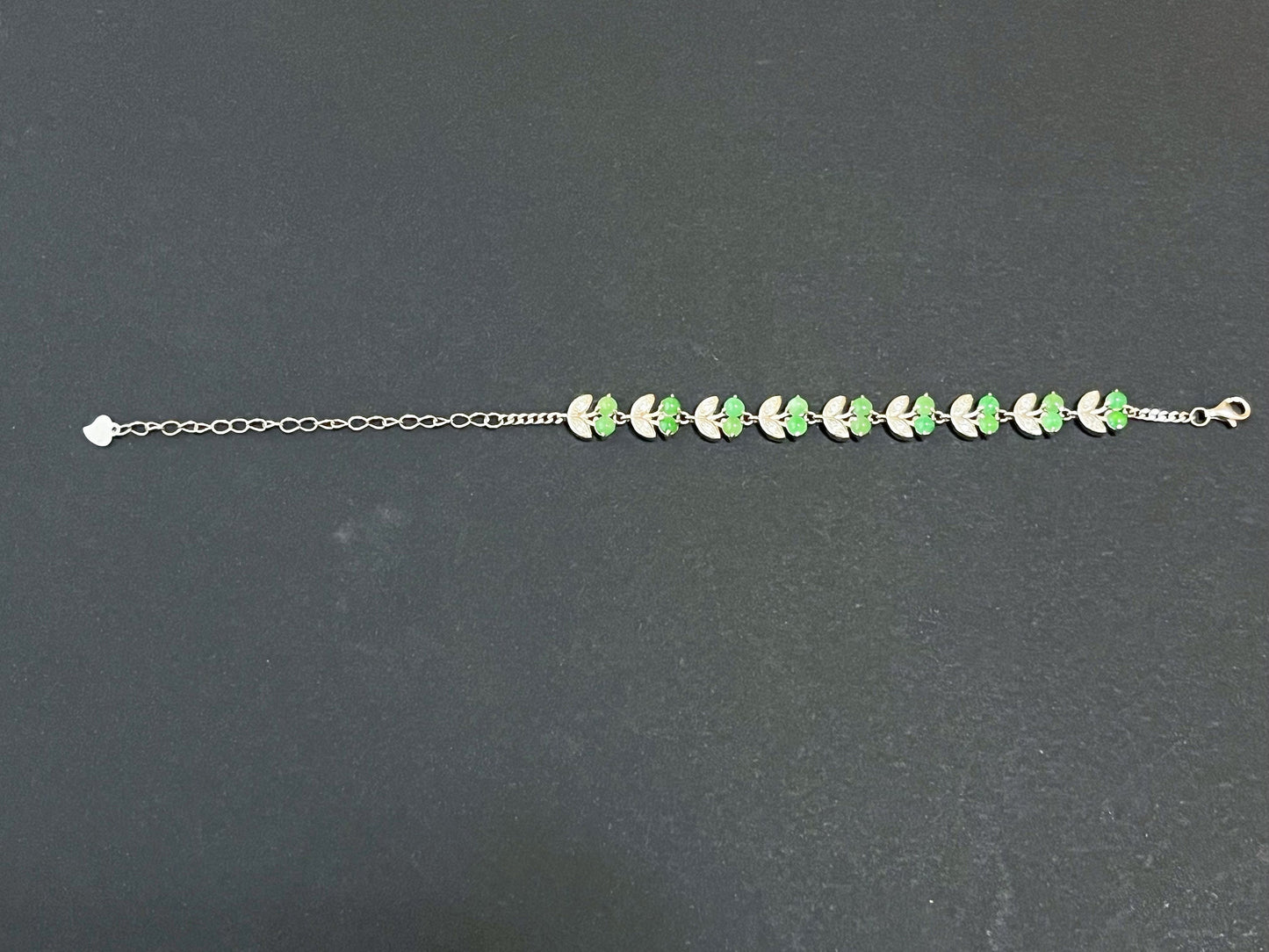 Green Jadeite Bracelet - Sterling Silver Zircon Accents Cherry Design