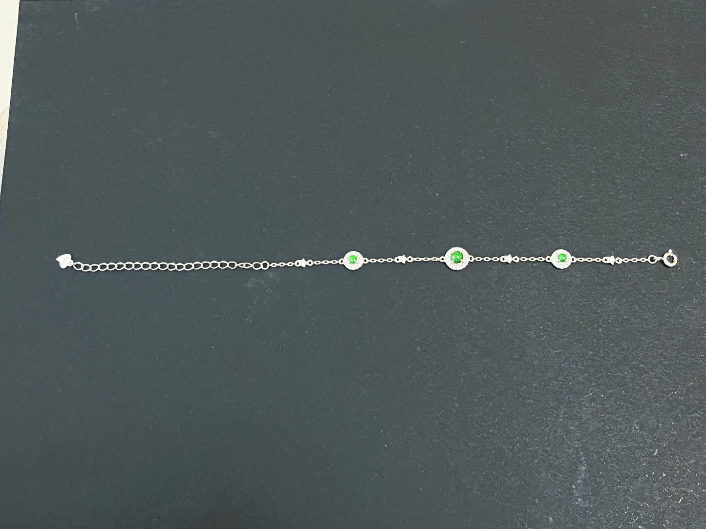 Imperial Green Jadeite Halo Silver Bracelet with Zircons