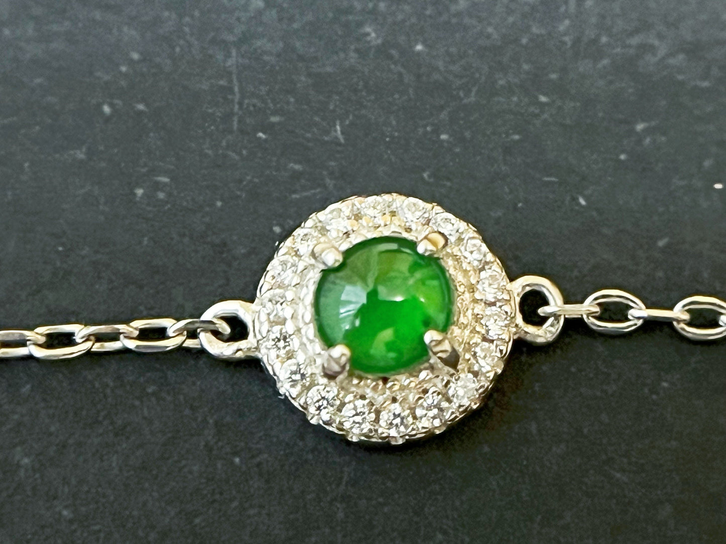 Imperial Green Jadeite Halo Silver Bracelet with Zircons