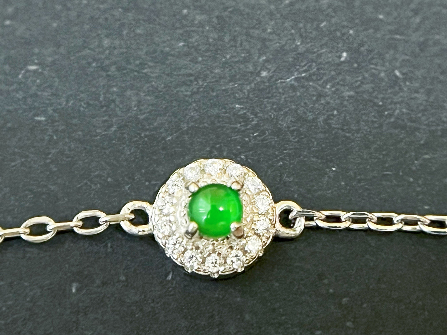 Imperial Green Jadeite Halo Silver Bracelet with Zircons