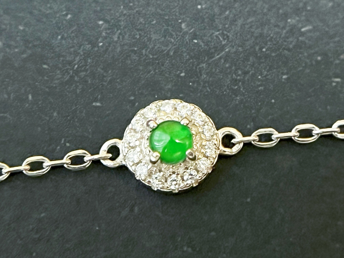 Imperial Green Jadeite Halo Silver Bracelet with Zircons
