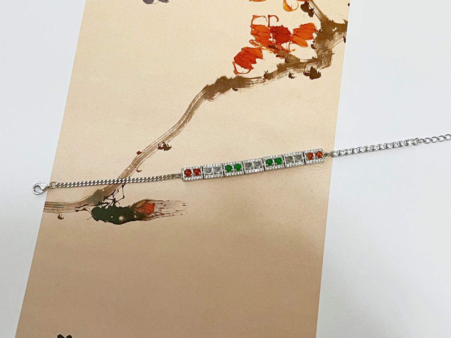 Three Colors Jade Cabochons Bracelet - Silver and Zircons