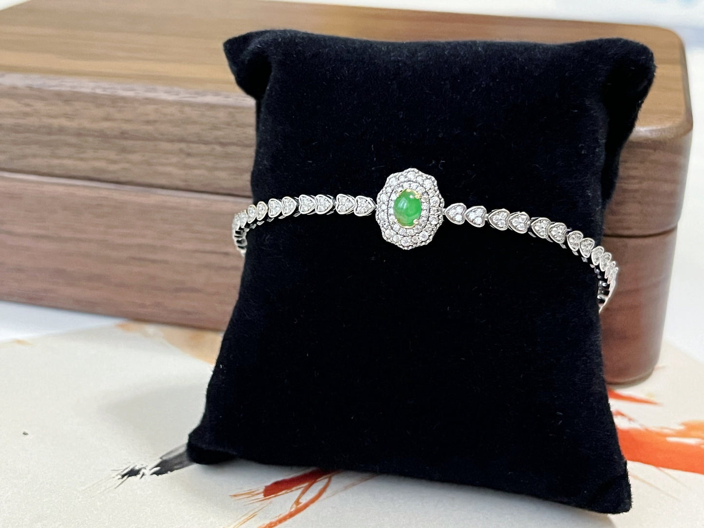 Green Jadeite Sterling Silver Bracelet with Zircons