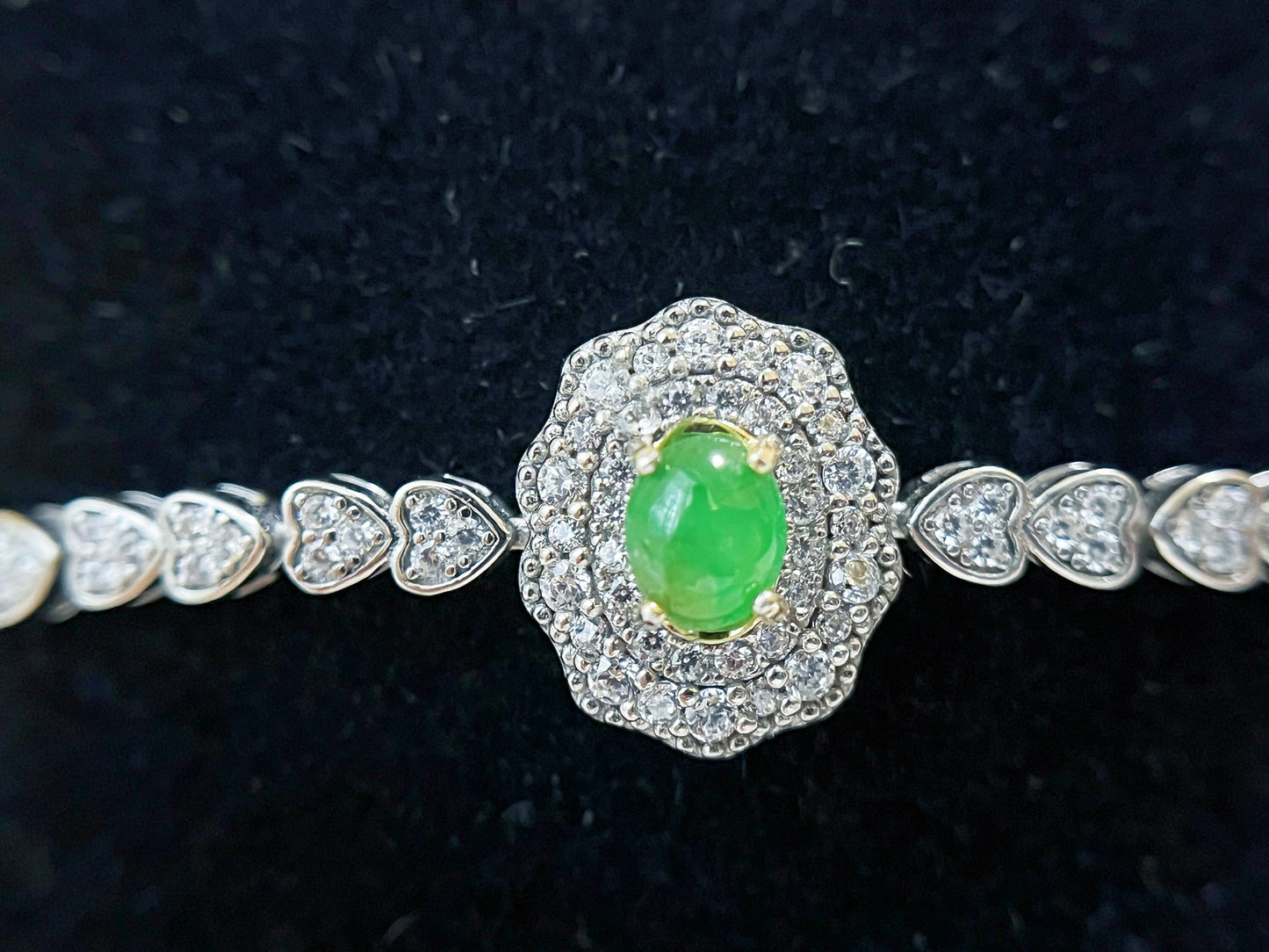 Green Jadeite Sterling Silver Bracelet with Zircons