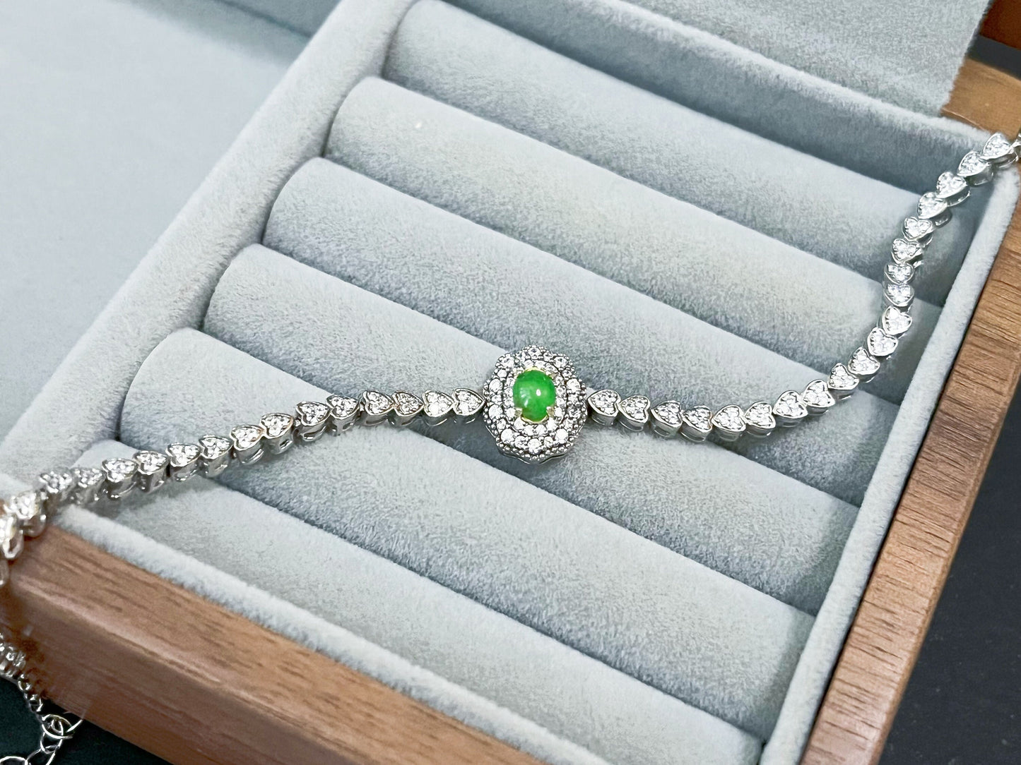 Green Jadeite Sterling Silver Bracelet with Zircons