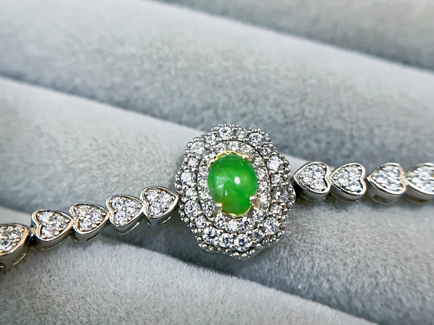 Green Jadeite Sterling Silver Bracelet with Zircons