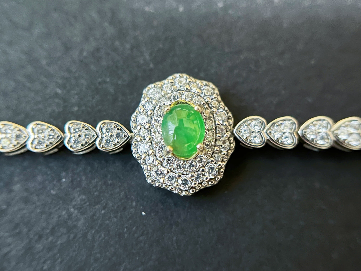Green Jadeite Sterling Silver Bracelet with Zircons