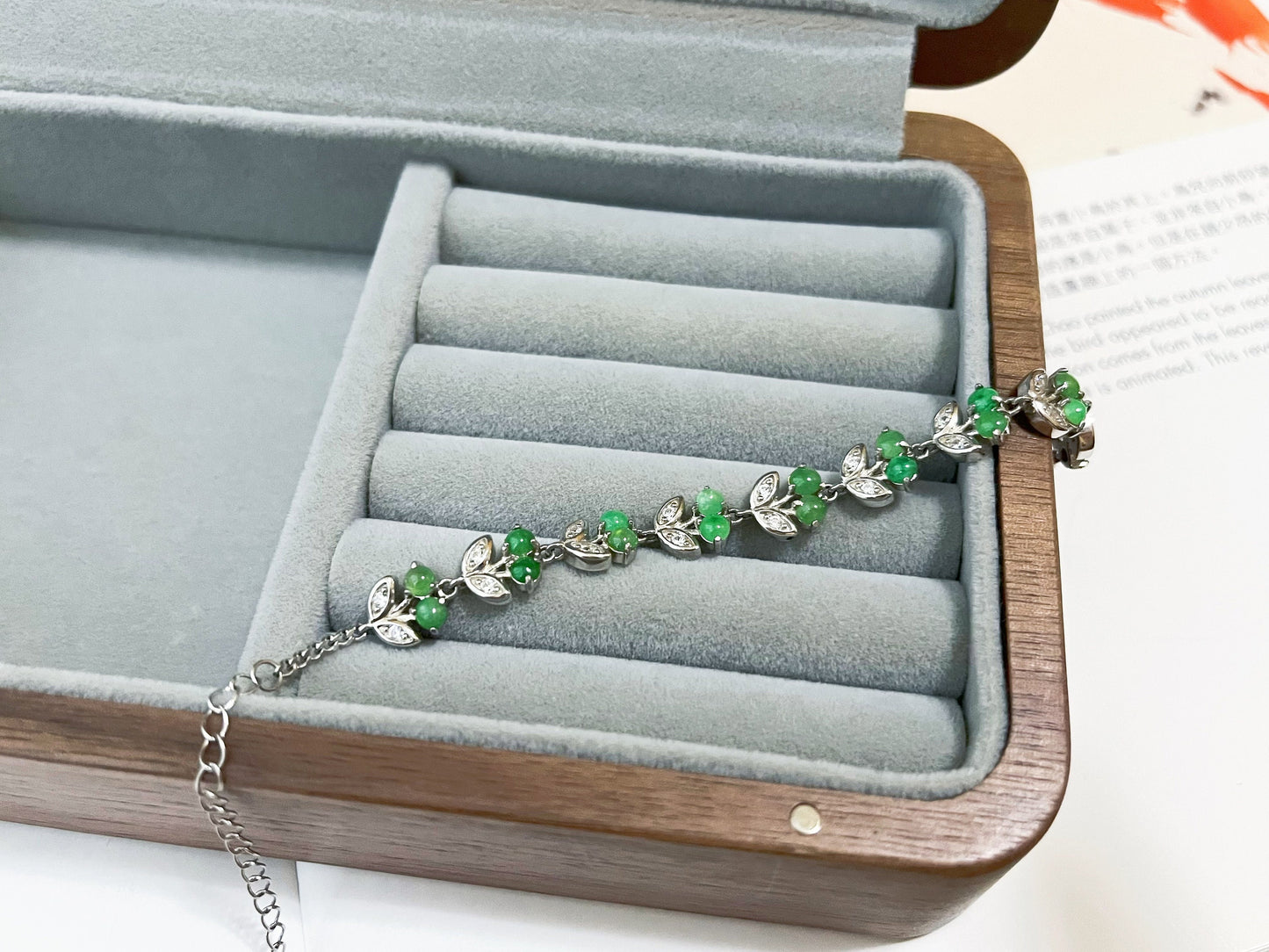 Green Jadeite Bracelet - Sterling Silver Zircon Accents Cherry Design