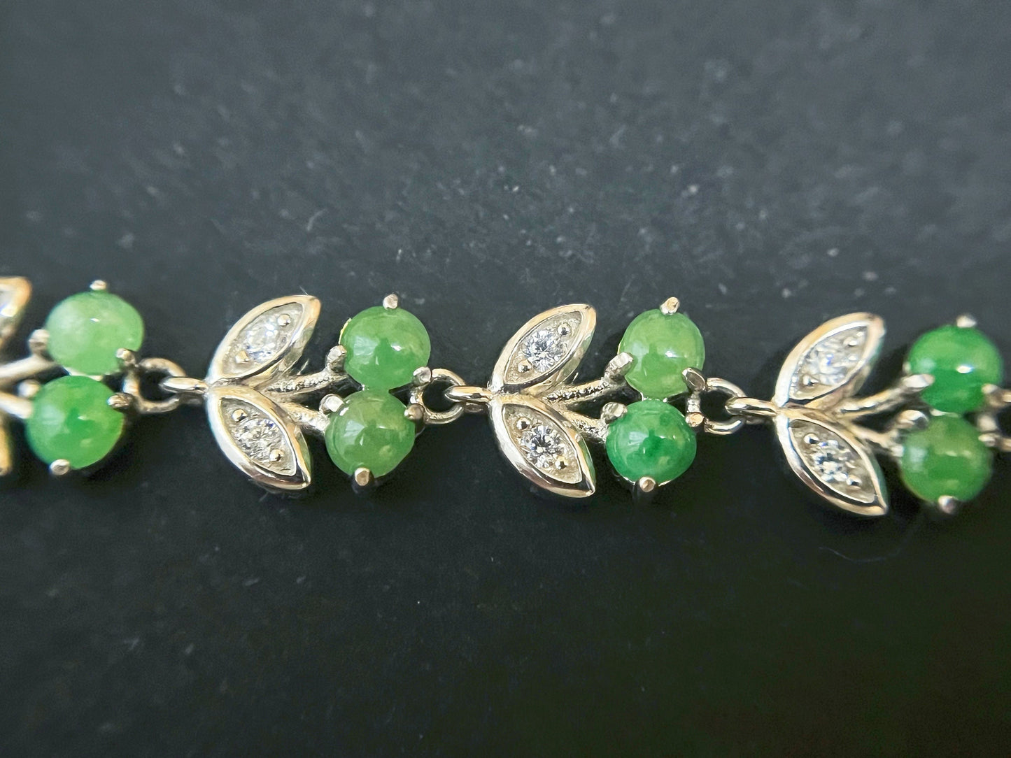 Green Jadeite Bracelet - Sterling Silver Zircon Accents Cherry Design