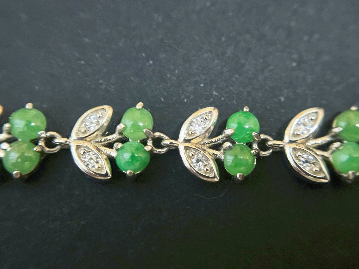 Green Jadeite Bracelet - Sterling Silver Zircon Accents Cherry Design