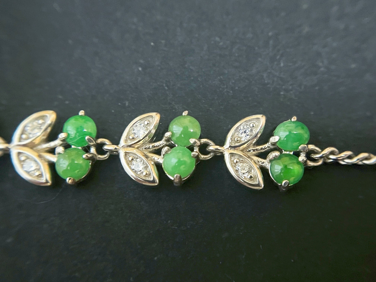 Green Jadeite Bracelet - Sterling Silver Zircon Accents Cherry Design