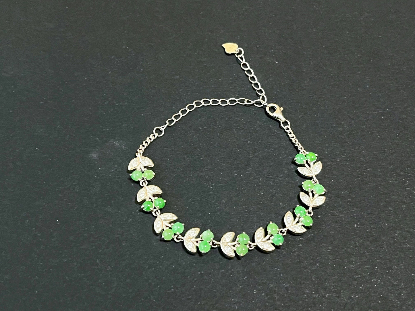 Green Jadeite Bracelet - Sterling Silver Zircon Accents Cherry Design