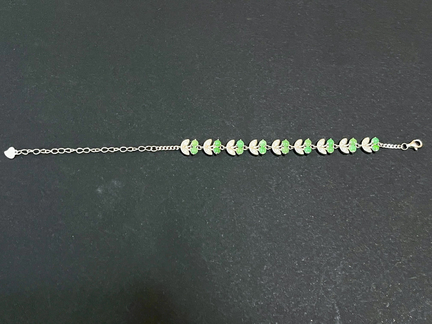 Green Jadeite Bracelet - Sterling Silver Zircon Accents Cherry Design