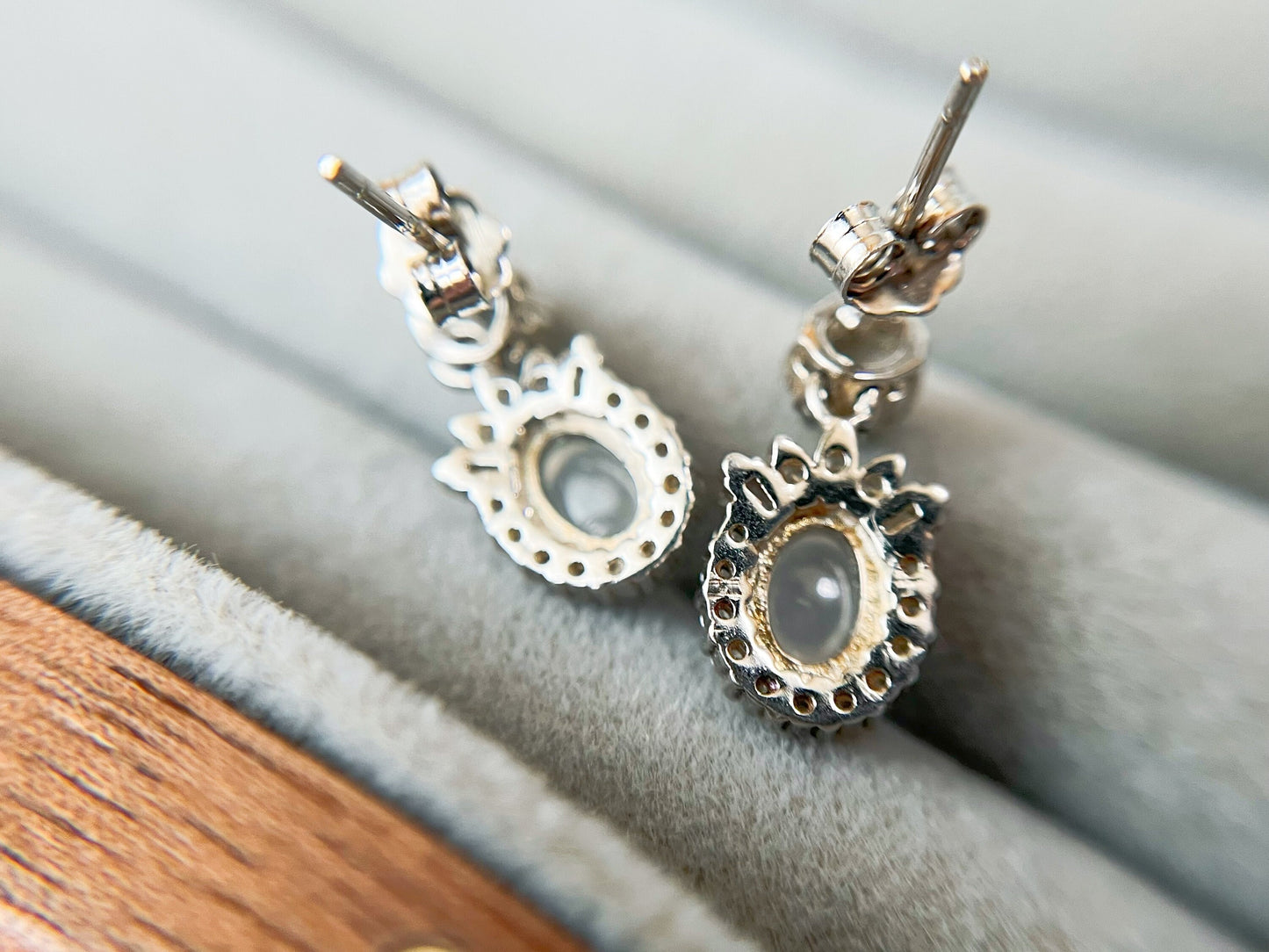 Jade Cabochon Drop Earrings - Silver and Zircons