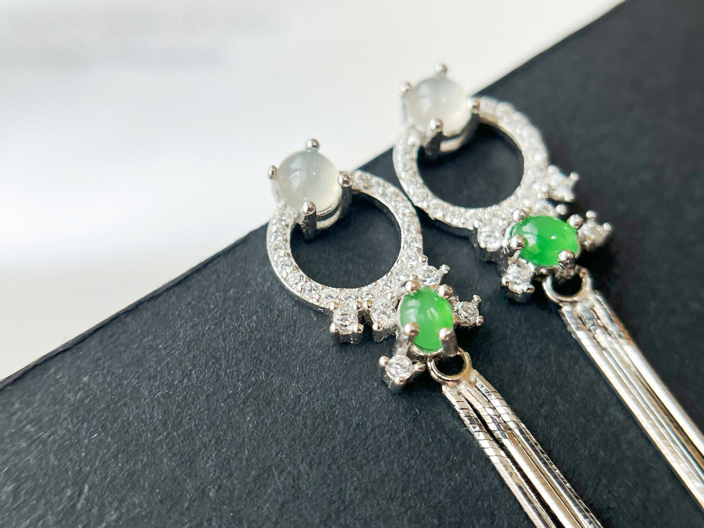 Green Jadeite Drop Earrings - Sterling Silver with Zircon Accents
