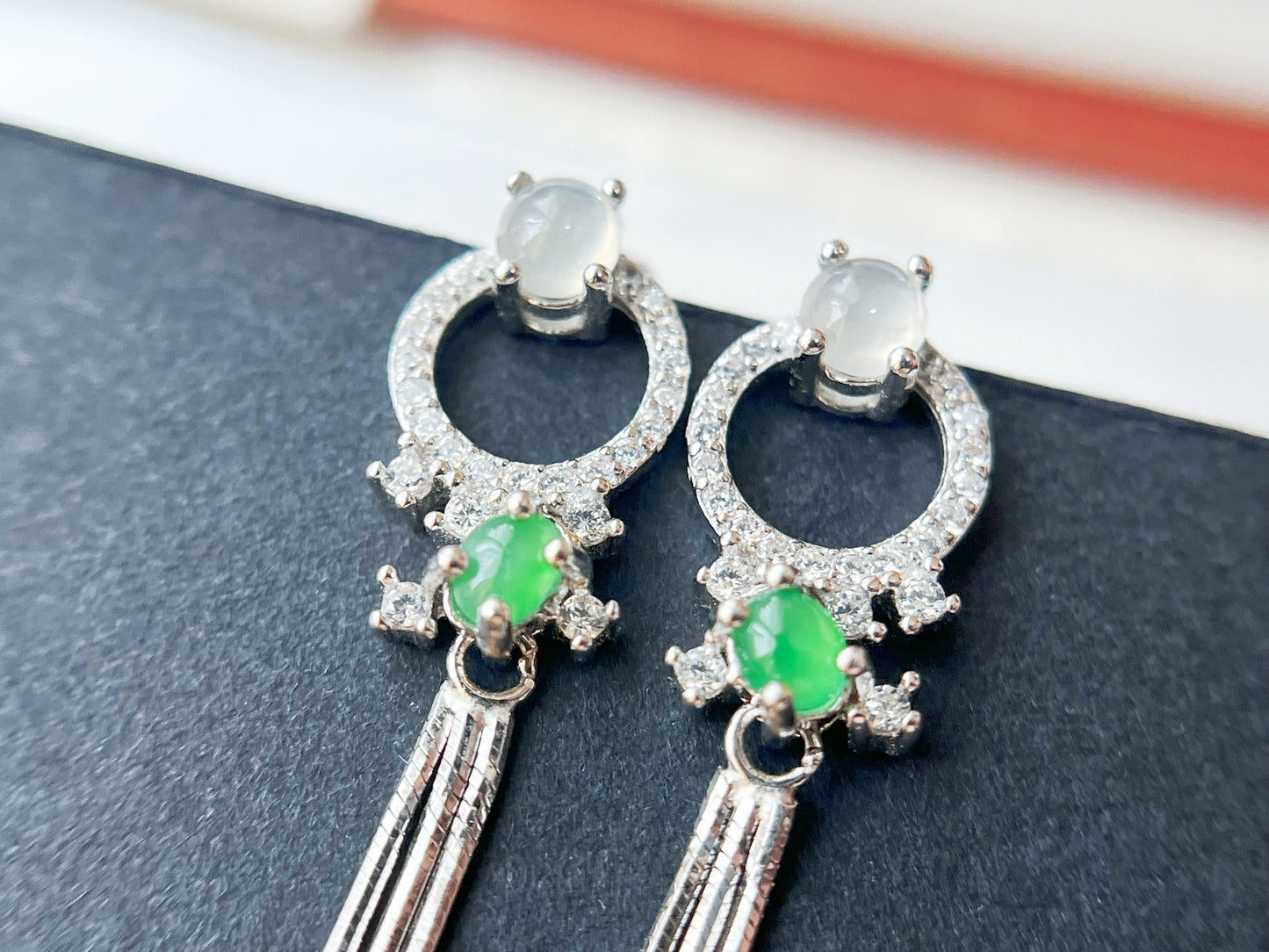 Green Jadeite Drop Earrings - Sterling Silver with Zircon Accents
