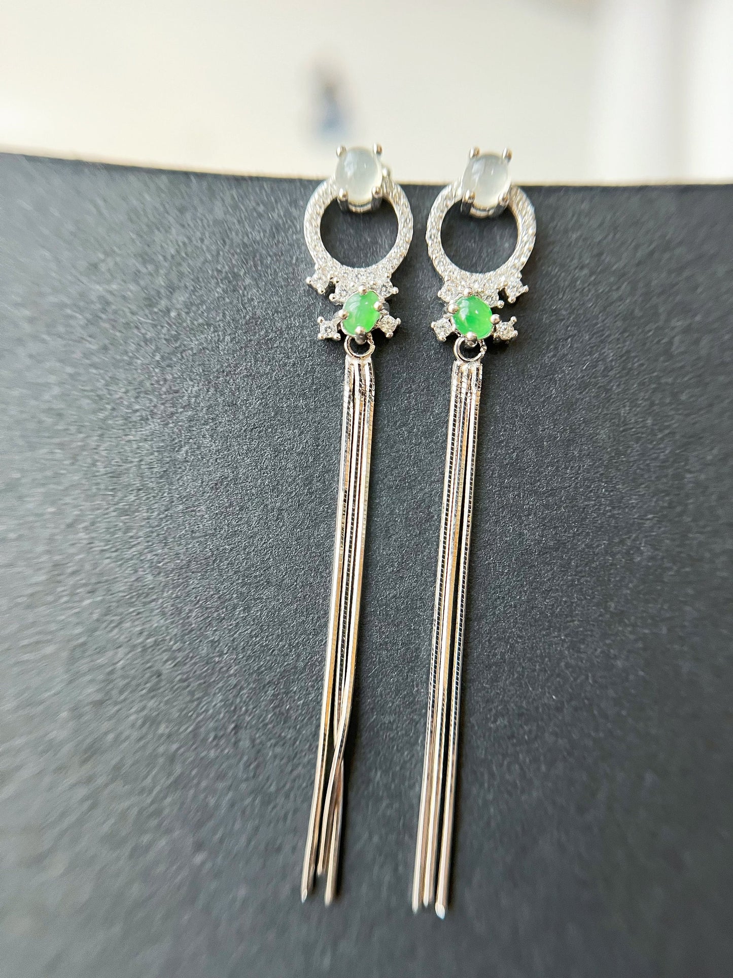 Green Jadeite Drop Earrings - Sterling Silver with Zircon Accents