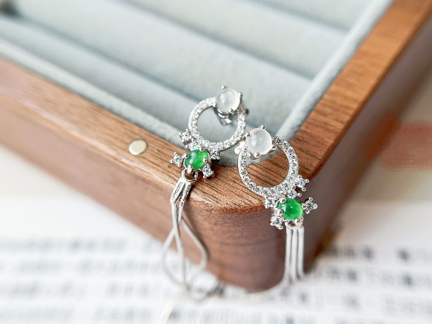 Green Jadeite Drop Earrings - Sterling Silver with Zircon Accents