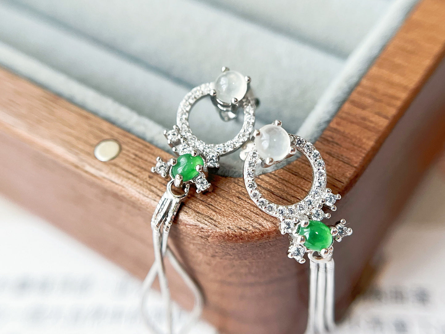 Green Jadeite Drop Earrings - Sterling Silver with Zircon Accents