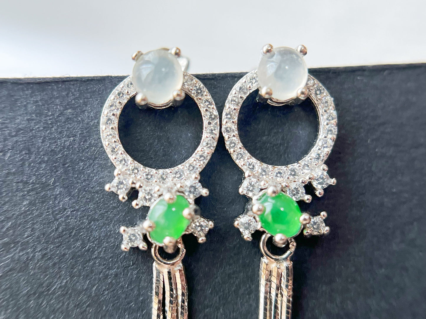 Green Jadeite Drop Earrings - Sterling Silver with Zircon Accents