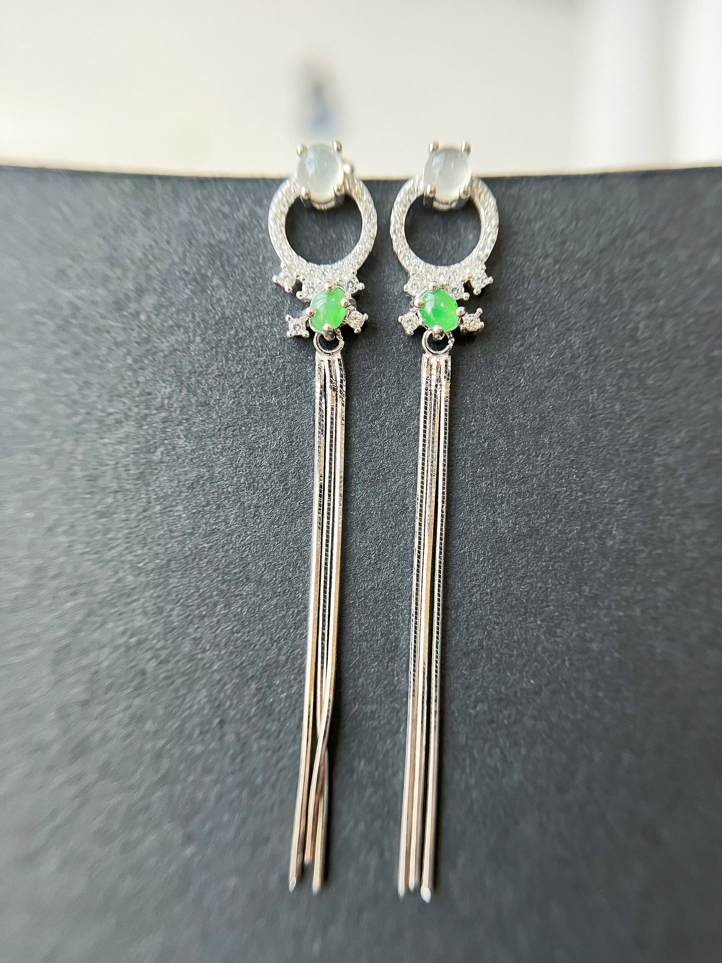 Green Jadeite Drop Earrings - Sterling Silver with Zircon Accents